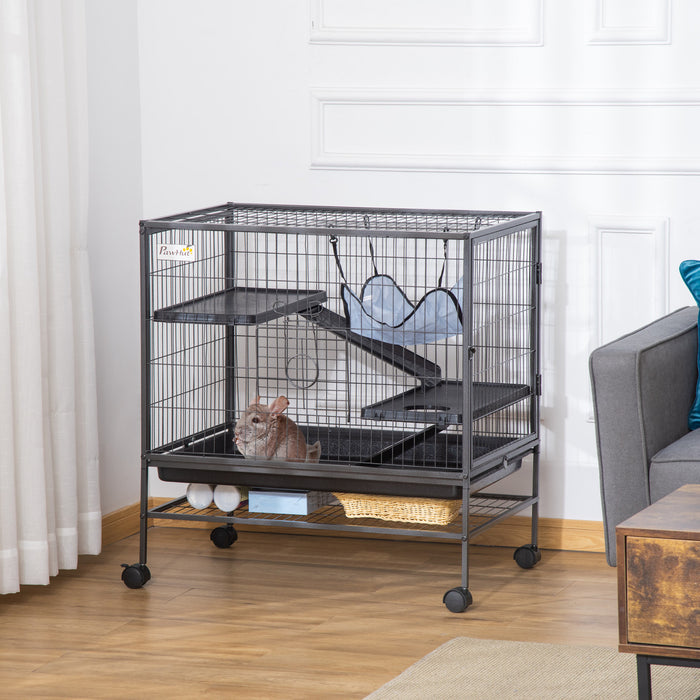 Pawhut Small Animal Cage With Wheels, Pet Playpen For Ferrets, Chinchillas, Guinea Pigs, Kittens, With Bottom Storage Shelf, Removable Tray, Ramp, 31.5\" X 20.5\" X 33.1\"