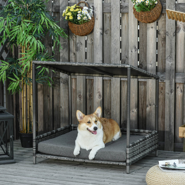 Pawhut Wicker Dog House Raised Rattan Dog Cat Bed For Indoor Outdoor Garden Patio Pet Sofa With Cushion Medium Sized Pet Grey