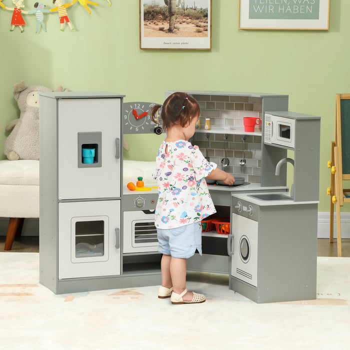 Qaba Corner Play Kitchen, Kids Kitchen Playset, Pretend Play Kitchen Set With Lights & Sounds, Stove Ice Maker Microwave Oven, Clock, Gift For Boys And Girls Aged 3+ Years