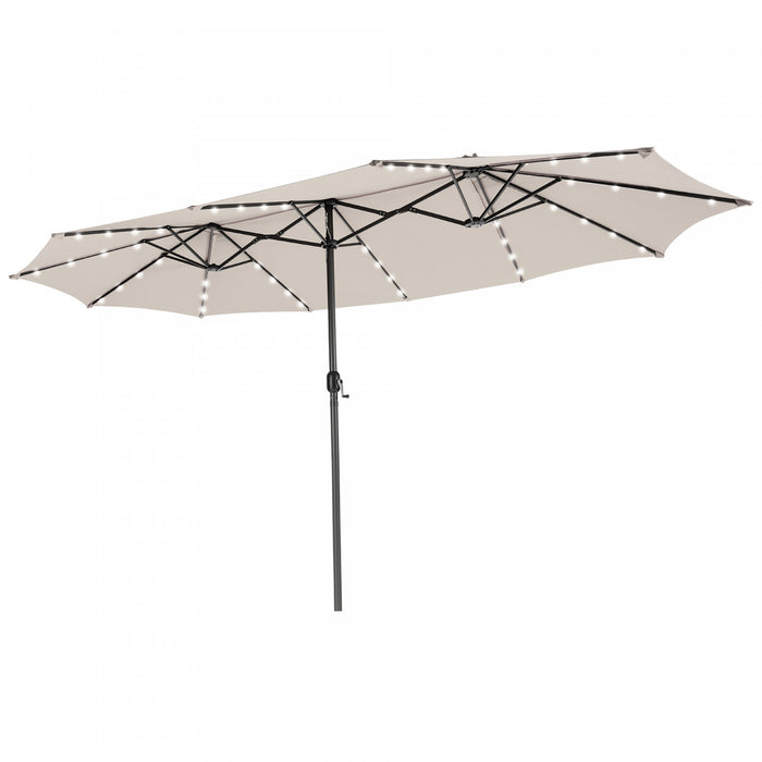 Costway 15FT Twin Patio Double-Sided Umbrella 48 Solar LED Lights Crank Outdoor Beige