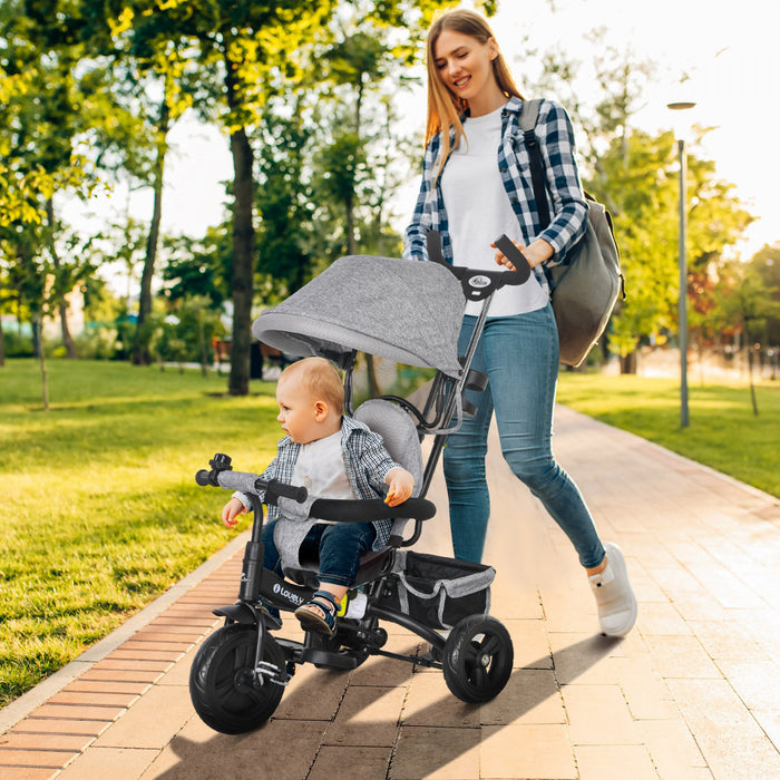 Qaba Toddler Tricycle, 6 In 1 Baby Bike Stroller With Foldable Canopy, Storage Basket, 5-point Safety Harness, Kids Trike For 1-5 Years Old, Grey