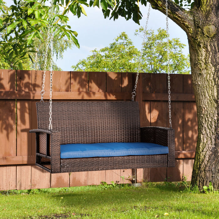 Outsunny 2-person Patio Porch Swing Chair, Outdoor Rattan Hanging Bench With Cushion & 7.2 Ft Steel Chains, Dark Blue