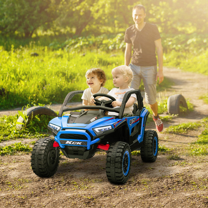 Qaba 24v 7ah Powered Ride-On Truck, 2 Seater 4wd Battery Powered Electric Car For Kids With 4 Spring Suspension Wheels, Remote Control, 3 Speed, Led Lights, Mp3 Player, Horn, Music, Blue