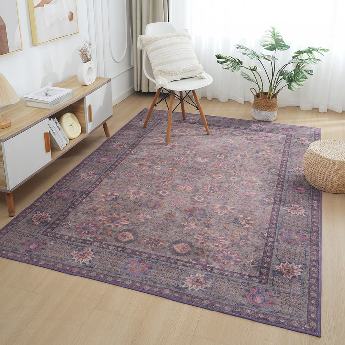 Aqua Brown Flora Washable Non-slip Low Pile Area Rug 5'x7'