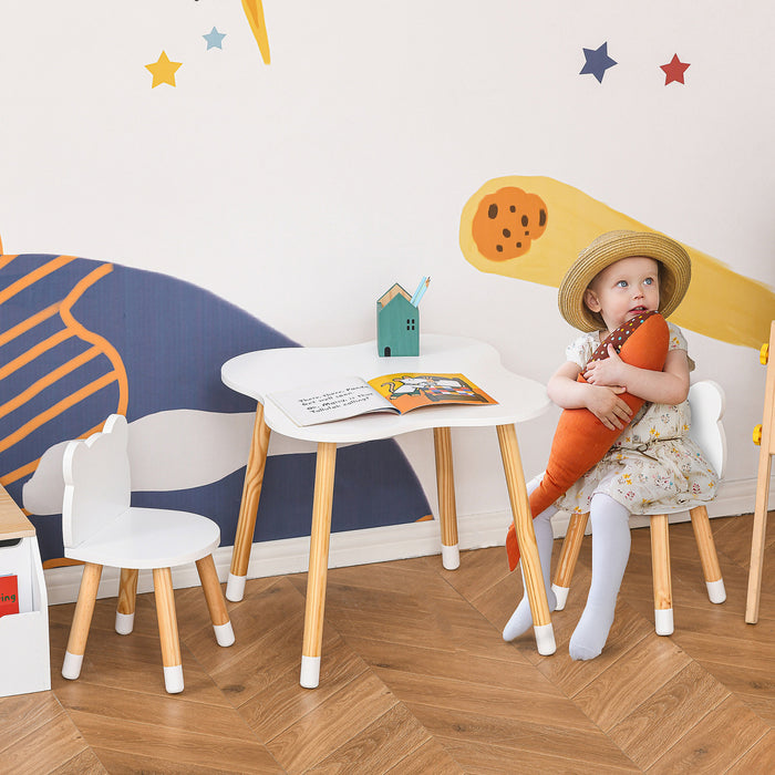 Qaba Kids Wooden Table And 2 Chairs Set Children 3-piece Dining Table With Cute Bear Shape And Rounded Corners For 1-4 Years Toddler Reading Drawing Playing, White