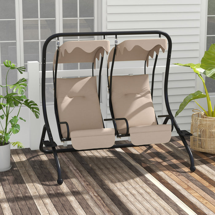 Outsunny 2-seat Patio Swing Chair W/ Removable Canopy & Cup Holders, Beige