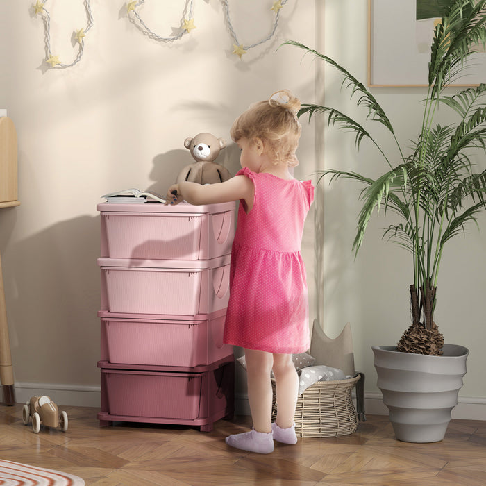 Qaba Kids Toy Storage Organizer With 4 Plastic Bins, 4 Tier Drawer Chest Utility For Kids Bedroom Nursery Kindergarten Living Room For Boys Girls Toddlers, Pink