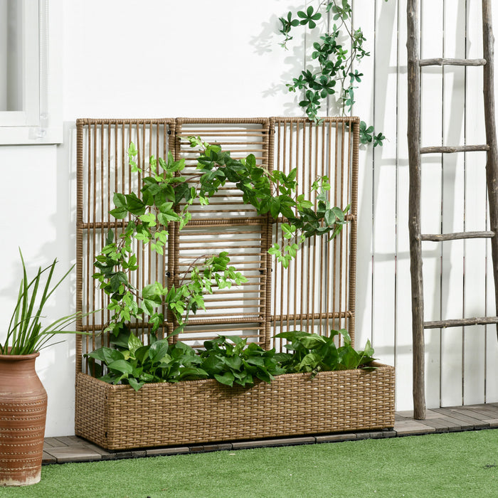 Outsunny Rattan Outdoor Planter With Trellis, Raised Garden Bed, Sand Brown