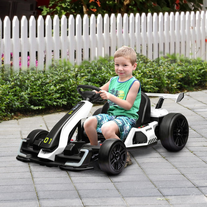 Aosom Go Kart, 24v Electric Kids Drift Kart With Adjustable Seat, Slow Start, Seat Belt, Horn, Music, Light, Battery Powered Ride On Cart For 6-12 Years Old, White