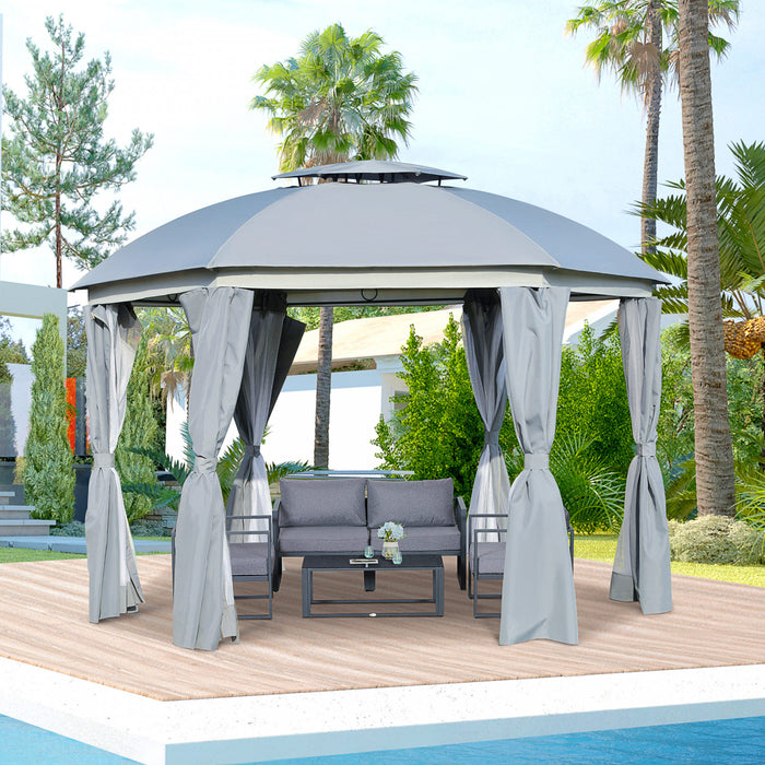Outsunny 12' X 12' Round Outdoor Gazebo, Patio Double Soft Top Gazebo Canopy Shelter With Zipper Netting Sidewalls And Removable Curtains For Garden, Patio, Backyard, Dark Grey
