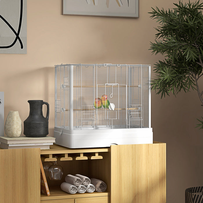 Pawhut 22\" Bird Cage For Budgie, Finches, Canaries, Love Birds, Large Parrot Cage With Wooden Stands, Slide-out Tray, Handle, Food Containers, White