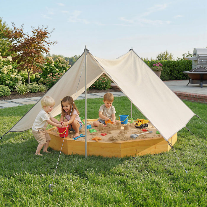 Qaba Large Octagon Kids Sandbox 84\" x 84\" x 9\" with Canopy, Outdoor Wooden Sand Box with 4 Bench Seats and Bottom Liner, Sand Pit for Backyard Garden, Fits 8 Kids Ages 3-8, Yellow