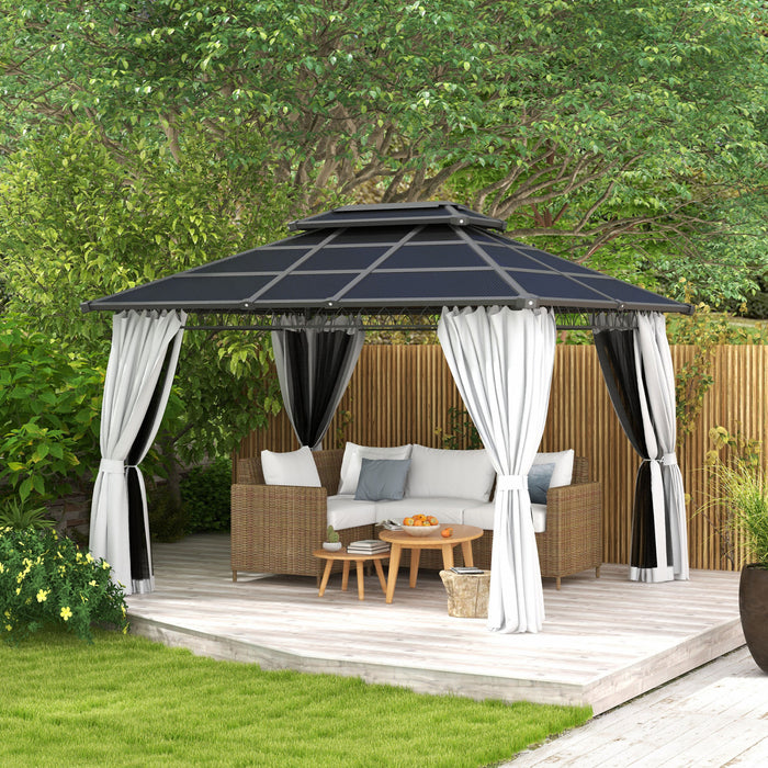 Outsunny 10' X 12' Outdoor Gazebo Canopy, Double roof Hardtop Gazebo With polycarbonate Roof, Steel Frame, Nettings and curtains, For garden, lawn, backyard and deck, Light Grey