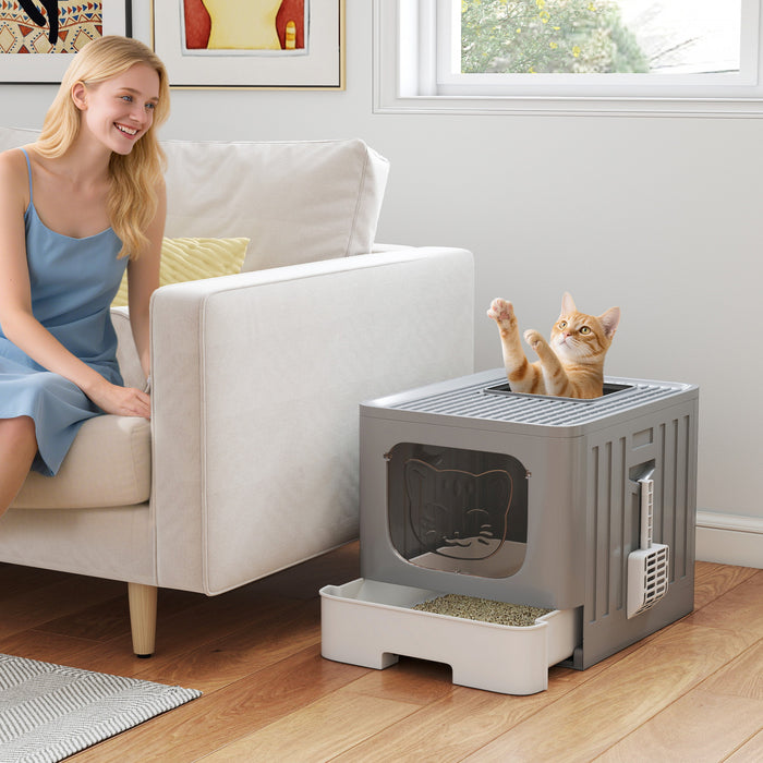 PawHut Foldable Cat Litter Box, Top Enter Litter Box Drawer Style with Lid, Scoop, Easy Cleaning, No Urine Leakage, Odor Control, for Kittens up to 11 lbs, Grey
