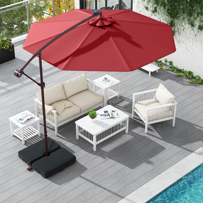 Costway Patio 10FT Hanging Offset Umbrella 32 LED Lights Sand Bag Outdoor Cross Base Wine