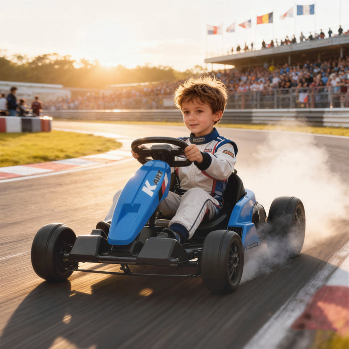 Qaba Electric Go Kart, 24V 9Ah Big Battery, Kids Drift Kart with Dual 150W Motors, Adjustable Seat & 11.2MPH High Speed, Slow Start, 5-Point Harness, for 6-12 Years, Blue