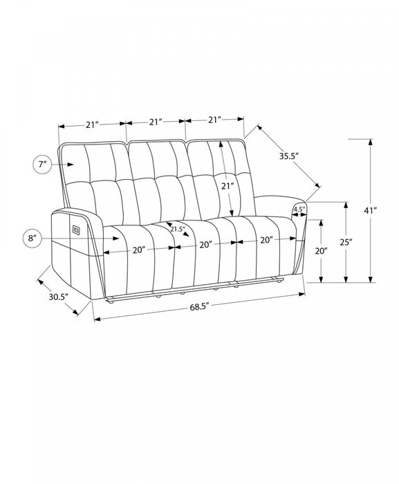MONARCH SPECIALTIES 3-SEATER POWER RECLINING SOFA, 70\" WIDE, USB PORT INCLUDED, LIGHT GREY FABRIC RECLINER