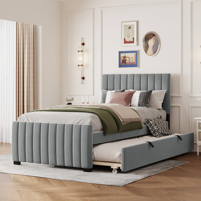 Ethan Space-Saving Velvet Upholstered Platform Bed with Trundle,Twin Size,Grey Twin Bed