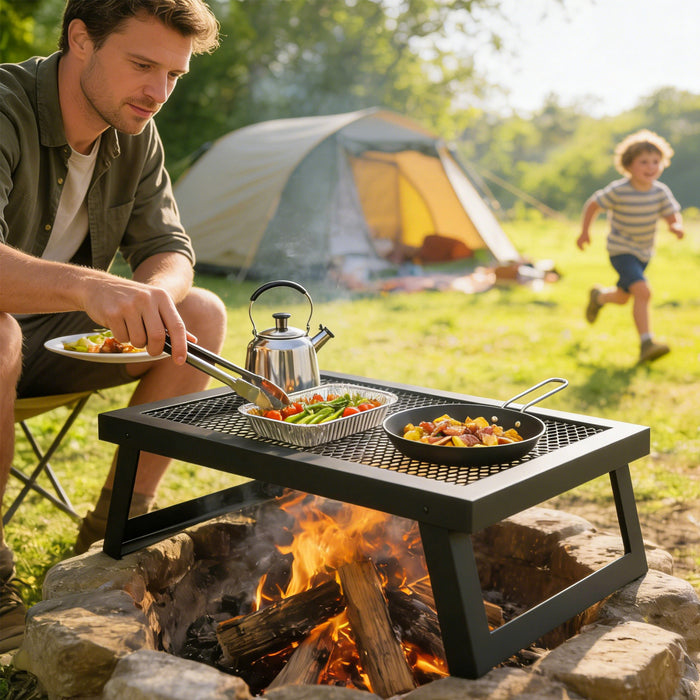 Outsunny Folding Campfire Grill, 22\" x 12\" Heavy Duty Carbon Steel Grill Grate with Folding Legs, Portable Campfire Cooking Equipment for Outdoor BBQ and Open Fire, Black