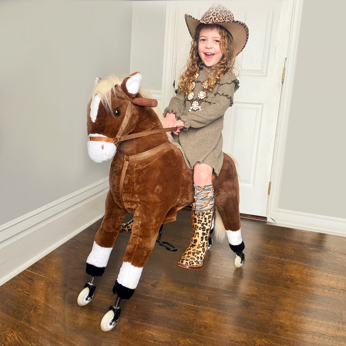 Qaba Kids Rocking Horse Walking Horse With Wheels, Large Size Moving Hobby Horse Ride On Toy Gift For Children 5-16 Years