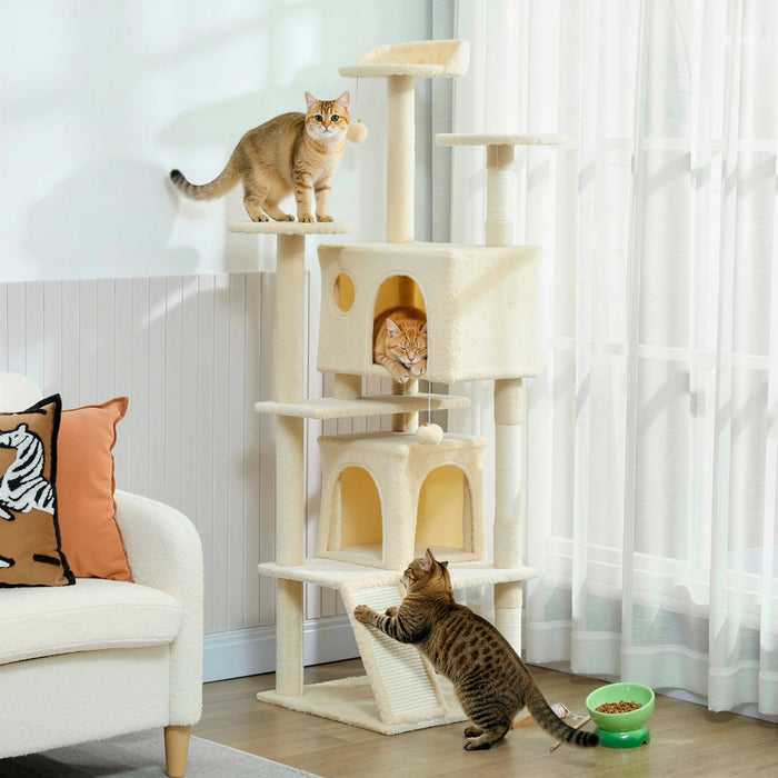 PawHut 63\" Cat Tree, Cat Tower for Indoor Cats with Scratching Posts, Cat Condos, Bed, Platforms, Ramp, Toy Ball, Cat Activity Center, Cream White