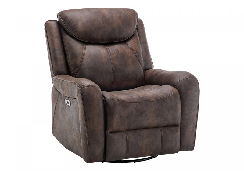 Power Reclining Chair, 37\" Wide, Glider, Swivel, Usb Ports Included, Brown Leather-Look Recliner