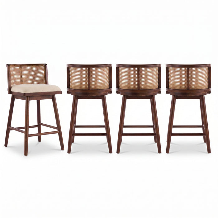 Talia Wooden Counter Height Bar Stool Set of 4 with Rattan Backrest,Walnut