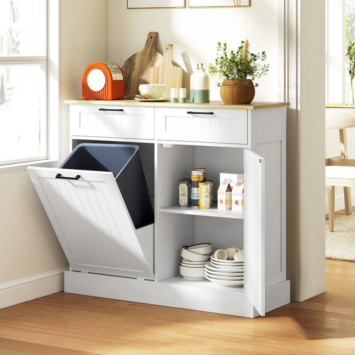 HOMCOM Tilt Out Trash Cabinet, Kitchen Island with 2 Drawers, White