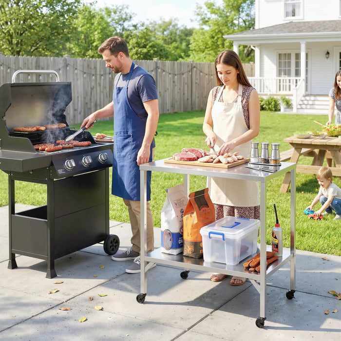 Outsunny Outdoor Grill Cart with Stainless Steel Tabletop, Pizza Oven Stand with Shelf, Lockable Wheels, Rolling BBQ Table, Metal Kitchen Cart Island, Silver