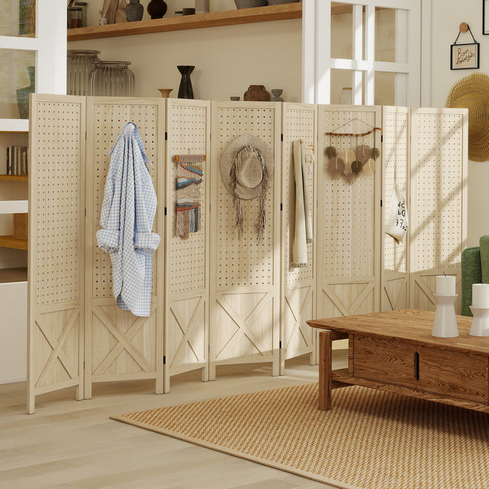HOMCOM 4.7' 8 Panel Room Divider with Pegboard Display for Indoor, Natural