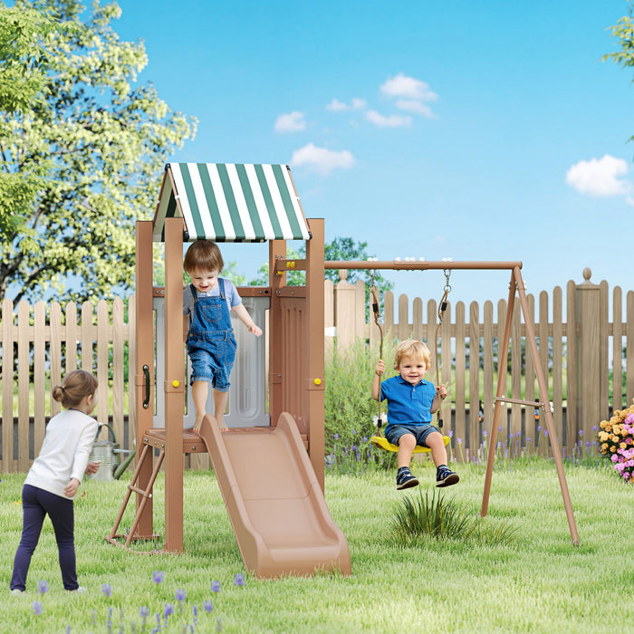 Qaba 4-in-1 Kids Swing Set with Slide, Heavy-Duty Metal Swing Set with Covered Fort, Climbing Ladder, Ground Stakes, Outdoor Play Structure for Playground, for Kids Ages 3-8, Brown