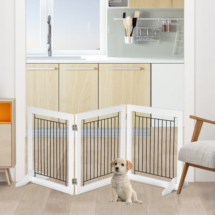 Pawhut Freestanding Pet Gate, Folding Dog Gate With 2 Support Feet, 24\" High, 3 Panels, For Small Dogs, Puppies, Indoor Use - White
