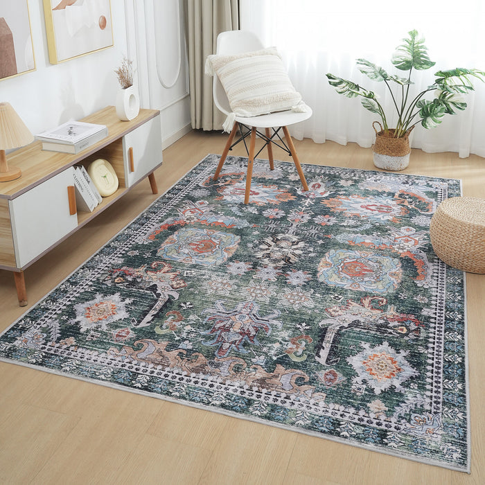 Aqua Green Flames Washable Non-slip Low Pile Area Rug 8'x10'