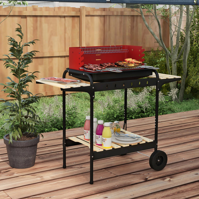 Outsunny Portable Outdoor Charcoal BBQ Grill with Adjustable Grill Height, Barbecue Trolley with Ash Catcher and Wheels for Outdoor Garden Party Cooking, Red