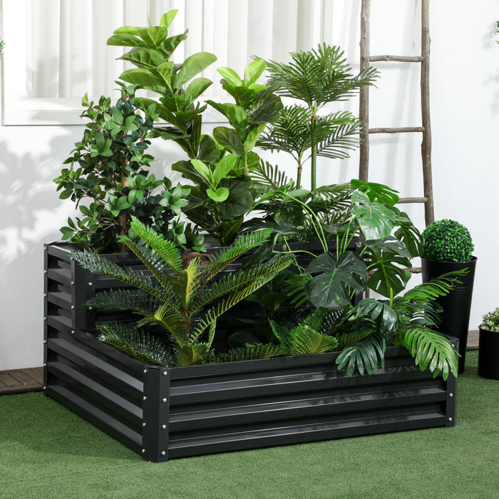 Outsunny 2 Tier Raised Garden Bed, 47\" X 40\" X 23'' Galvanized Steel Planter Box For Vegetables, Flowers And Herbs, Dark Gray