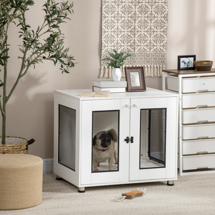 Pawhut Pet Crate End Table With Water-resistant Cushion, Double-door Dog Crate Furniture For Medium Dogs, Wooden Wire Pet Kennels For Indoor Use, White