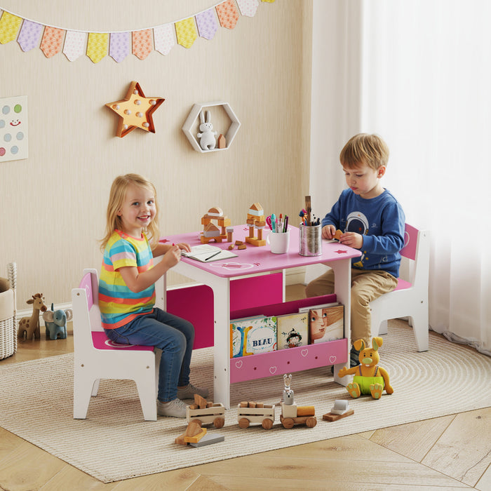 Qaba 3 Pieces Kids Table and Chair Set, Toddler Table and 2 Chairs Set with Bookshelves, Heart Themed Kids Activity Desk for Classroom, Home, Nursery, Playroom, for Read, Draw, Art