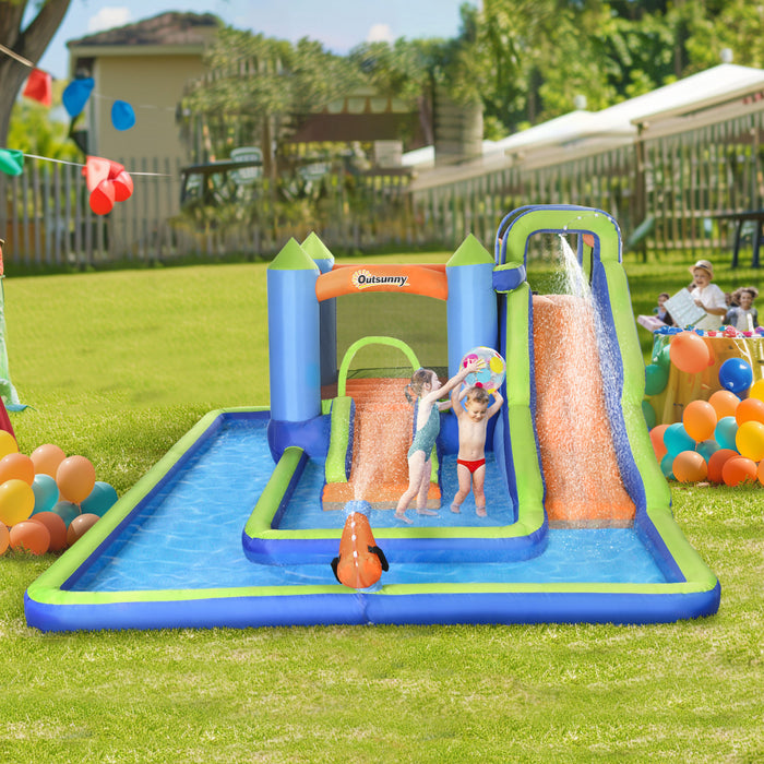 Outsunny 5 In 1 Kids Bounce House With Double Slides Pool Trampoline Climbing Wall Water Cannon, Inflatable Bouncy Castle Outdoor With Blower Carrying Bag, For 3-8 Years Old