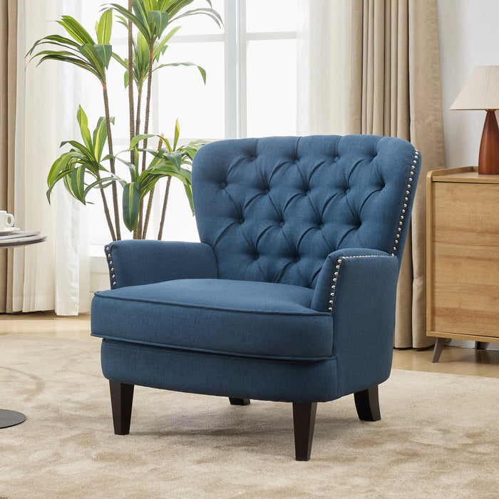Arcadia Vintage-Inspired Lounge Chair with Nailhead Trim and Curved Backrest, Navy Blue