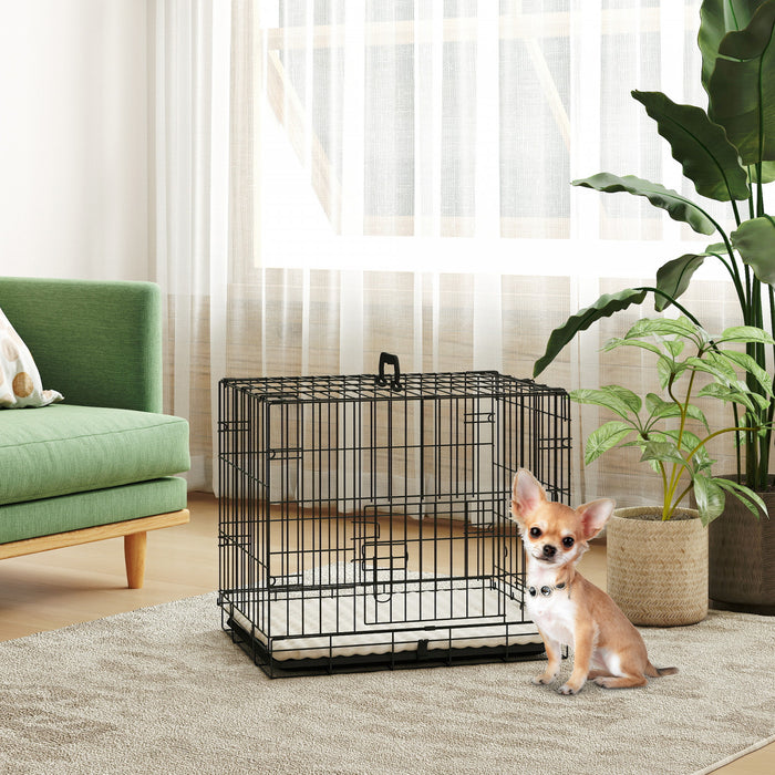 PawHut Dog Crate, 24\" Folding Metal Dog Kennel with 2 Doors, Removable Tray, Soft Cushion, Handle, Pet Cage for Extra Small Dogs, Black