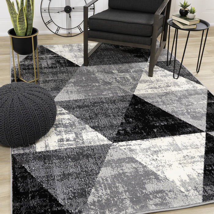 Covington Black White Grey Distressed Geometric Triangle Rug, 6'7\" x 9'10\" Indoor Area Rug