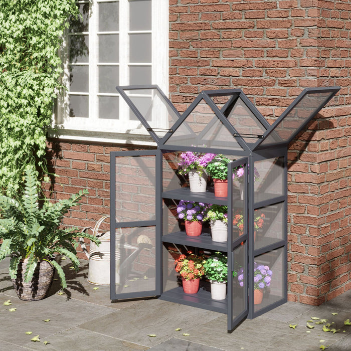 Outsunny Wooden Cold Frame Greenhouse Garden Portable Raised Planter Protection With 3 Tier Shelves, Openable Top And Double Doors, For Outdoor Indoor Use, 28\" X 17\" X 52\", Grey