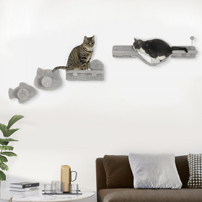Pawhut 4-piece Cat Wall Shelf Set With Scratching Post, Steps, Bridge, Platforms, Cat Climber Shelves For Indoor Kittens, Light Grey