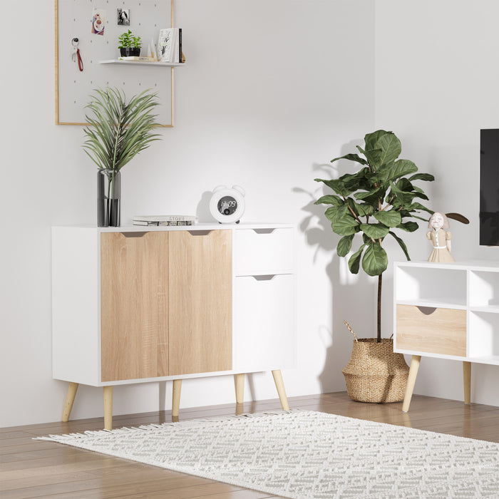 HOMCOM Sideboard Storage Cabinet with Drawer, White and Nature Wood
