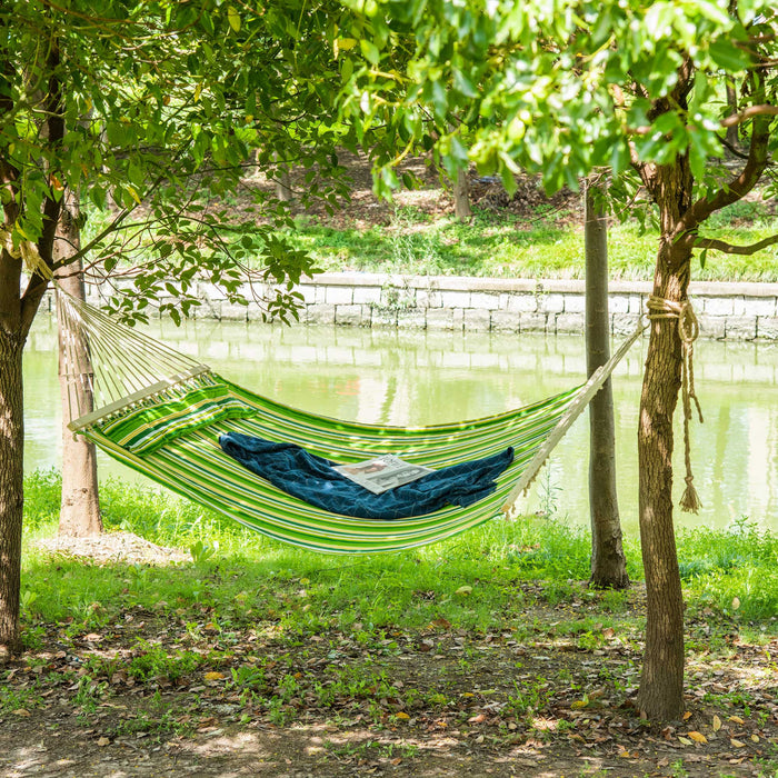 Outsunny 75\" Patio Outdoor Hammock, Striped Camping Hammock Lounge Bed Garden W/ Pillow, Green