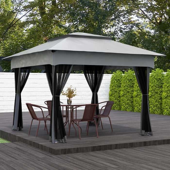 11'x11' Pop Up Canopy 2-tier Soft Top Gazebo W/ Mesh Netting, Light Grey