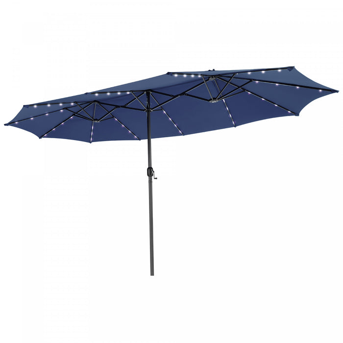 Costway 15FT Twin Patio Double-Sided Umbrella 48 Solar LED Lights Crank Outdoor Navy