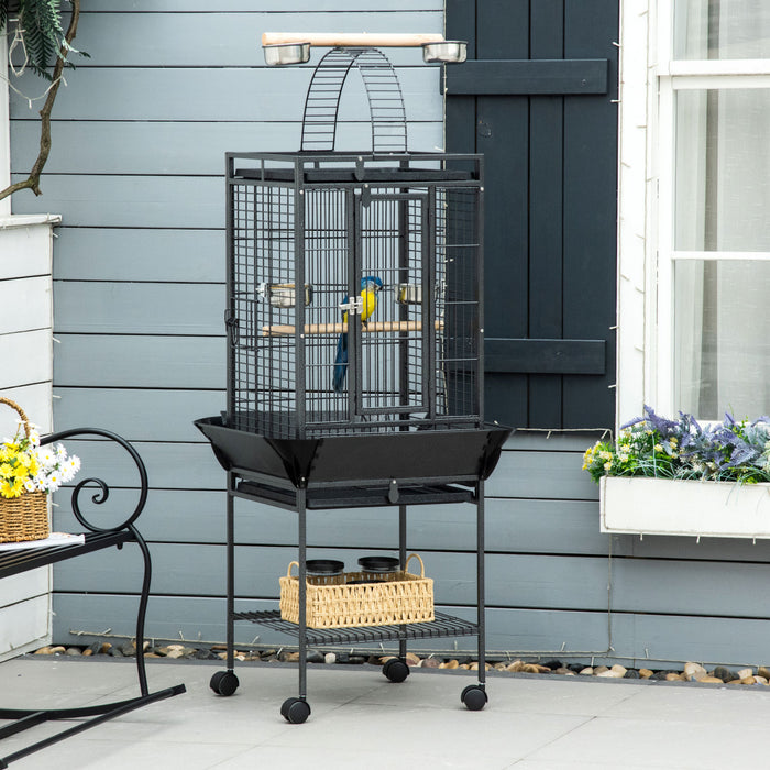 Pawhut 61.5 Inch Bird Cage Parakeet House For Cockatiel With Stand, Pull Out Tray, Play Top, Storage Shelf, Wood Perch, Food Container