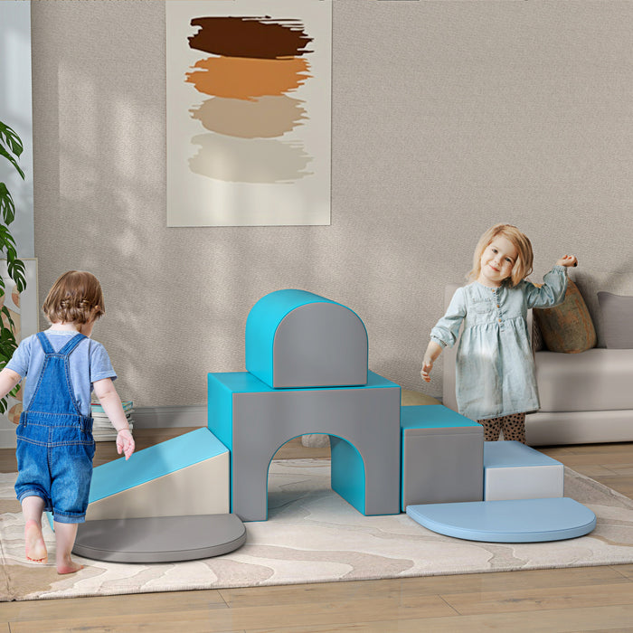 Qaba 7-piece Soft Play, Foam Climbing Blocks For Toddlers, Kids' Educational Climbing Crawling Toys, Kids Foam Play Set Stairs And Ramp, Blue/grey