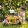 Qaba Mud Kitchen for Kids Outdoor with Wheels, Wooden Kids Play Kitchen Playset with Sink, Stove, Faucet, Storage Shelf, Planting Pots and Blackboard, Yellow